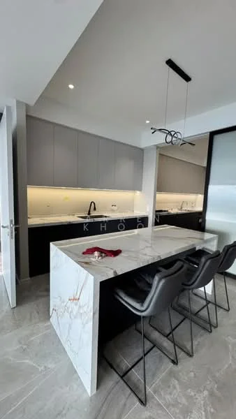 Kitchen features: marble countertop, grey cabinetry, black cabinetry, single-bowl stainless-steel sink, chrome pull-down faucet, recessed LED downlights, pendant light fixture, 4 high-back dining chairs, tile flooring, open layout; style: modern.