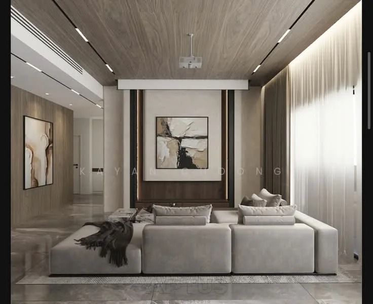 Living features: L-shape sectional sofa in light beige, decorative throw pillows, coffee table, framed artwork on wall, wood panel accent wall, recessed ceiling lights, floor-to-ceiling windows with sheer curtains, polished concrete flooring, wall-mounted projector, decorative throw blanket; style: modern.