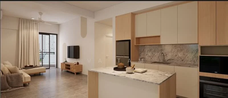 Living features: 3-seater fabric sofa in beige, coffee table, wall-mounted TV, TV console in light wood, floor-to-ceiling windows, sliding glass door, sheer curtains, light grey tiled flooring, ceiling fan with light, decorative wall art, kitchen island with marble countertop, built-in cabinetry, stainless-steel fridge, built-in oven, microwave; style: modern; view: city.