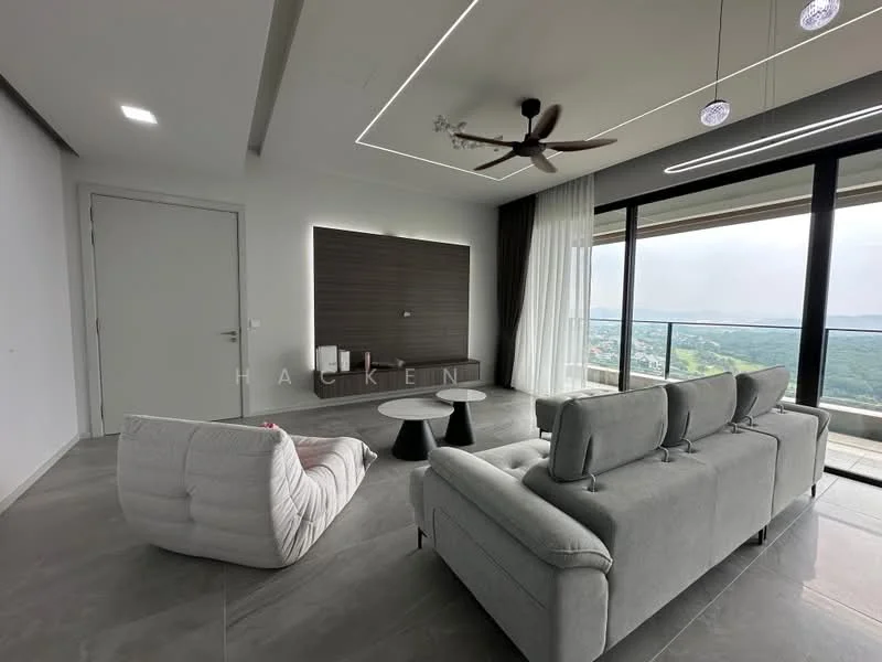 Living features: 3-seater fabric sofa in grey, 2-seater lounge chair in white, round coffee table in black, floor-to-ceiling windows, curtains in sheer white, recessed LED downlights, ceiling fan with 5 blades, wall-mounted TV console in dark wood, grey tile flooring, decorative wall paneling, mountain view; style: modern; view: mountain.