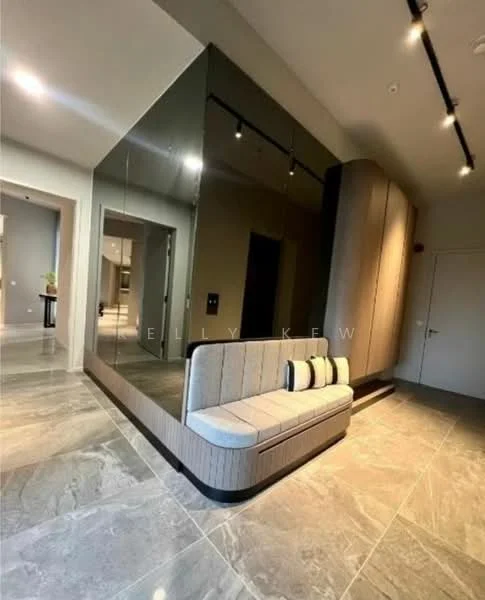Room features: grey marble flooring, mirrored wall panel, built-in cabinetry, upholstered bench seat with cushions, recessed ceiling lights, neutral wall colour, open layout, modern design; style: modern.