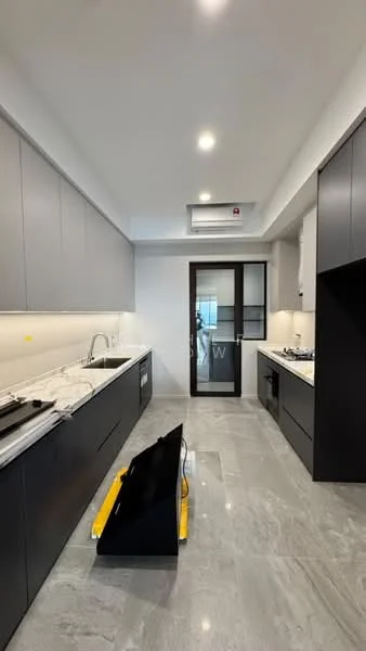 Kitchen features: grey flat-panel cabinets, white marble countertop, stainless-steel sink, chrome pull-down faucet, built-in gas hob, built-in oven, recessed LED downlights, grey ceramic tile flooring, sliding glass door, floor-to-ceiling windows, air conditioning unit, open shelving; style: modern.