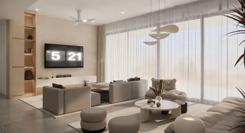 Living features: 5-blade ceiling fan with light, wall-mounted TV, light-colored sectional sofa, 2-seater fabric sofa, round coffee table, ottomans, decorative plants, floor-to-ceiling windows with sheer curtains, neutral-colored walls, recessed lighting, textured wall paneling, area rug, decorative vases; style: modern; view: garden.