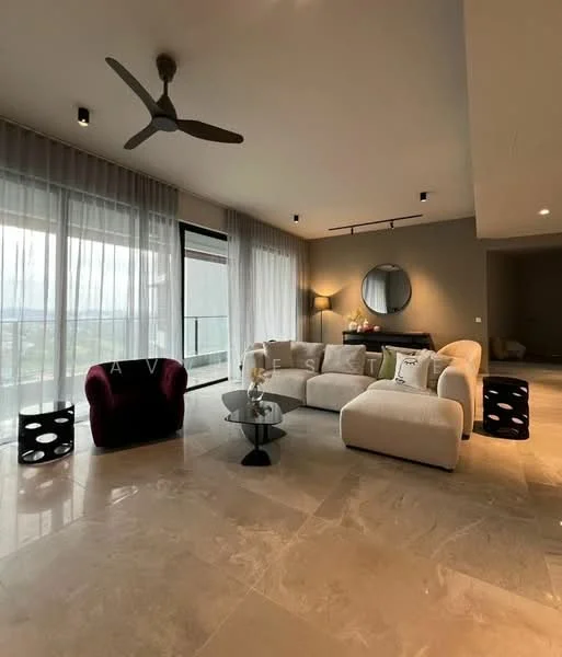 Living features: 5-blade ceiling fan, floor-to-ceiling windows, sheer curtains, grey accent wall, light-colored sofa, red accent chair, black side table, decorative mirror, marble flooring, recessed downlights; style: modern; view: city.