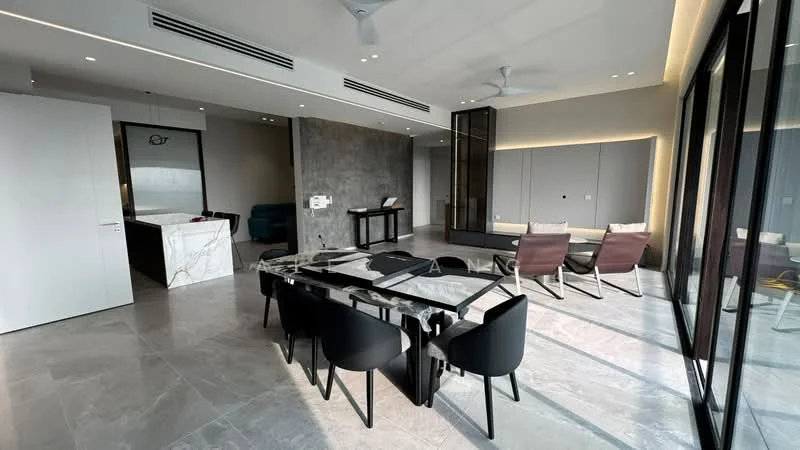 Living features: marble tile flooring, grey accent wall, floor-to-ceiling windows, recessed downlights, 5-blade ceiling fan, glass dining table, black dining chairs, two lounge chairs, built-in cabinetry, open layout, natural light from windows, decorative wall paneling; style: modern; view: city. Room features: white painted walls, sliding door, grey sofa, decorative elements.