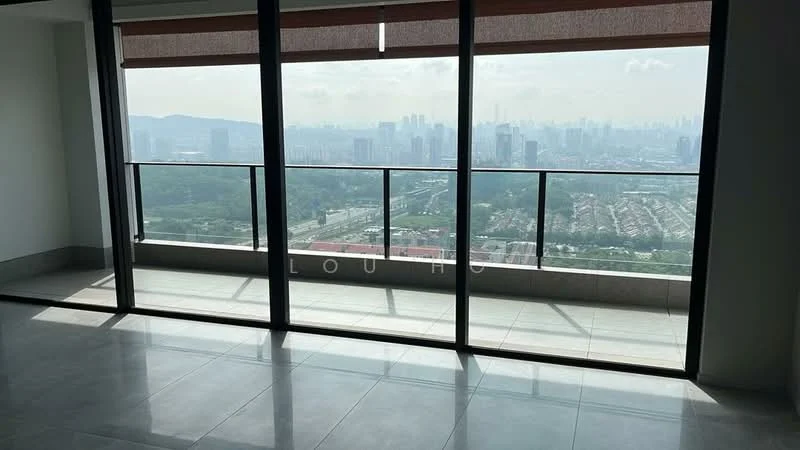 Room features: floor-to-ceiling windows, sliding glass door, grey tiled flooring, city skyline view, roller blinds, balcony access; style: modern; view: city.