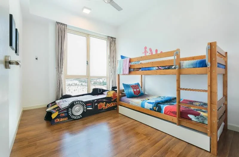 Bedroom features: bunk bed with wooden frame, single bed with colorful bedding, car-themed bed frame, wooden flooring, floor-to-ceiling window, curtains, ceiling fan, wall-mounted artwork, decorative wall decals; style: modern; view: city.