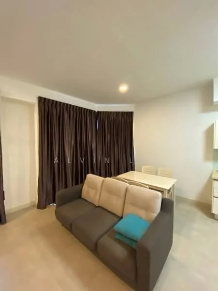 Living features: 3-seater fabric sofa in grey, light beige walls, recessed downlights, floor-to-ceiling curtains in dark brown, light-colored dining table for four, white cabinetry, neutral-colored flooring, window with blue curtain; style: modern.