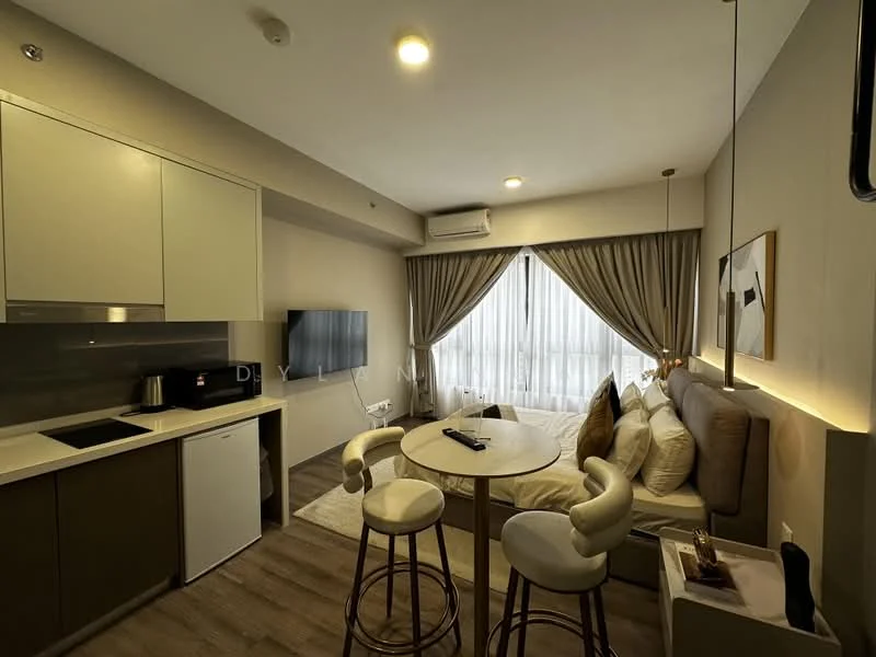 Living features: light grey walls, laminate flooring, floor-to-ceiling windows, sheer curtains, sofa with multiple cushions, round dining table, 2 bar stools, wall-mounted TV, kitchenette with built-in cabinets, stainless-steel sink, built-in oven, microwave, recessed downlights, air conditioning unit; style: modern; view: city.