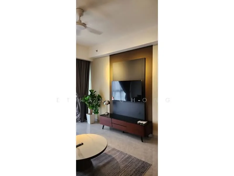 Living features: 3-seater fabric sofa in grey, coffee table, TV console, wall-mounted TV, ceiling fan, decorative plant, area rug with geometric pattern, curtains, light-colored walls, neutral flooring; style: modern.