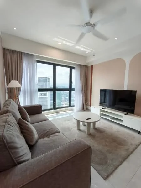 Living features: 3-seater fabric sofa in light grey, round coffee table, wall-mounted TV, TV console in white, area rug, floor-to-ceiling windows, sheer curtains, ceiling fan with light, recessed downlights, light-coloured walls, neutral-toned flooring, decorative lamp; style: modern; view: city.