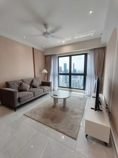 Living features: 3-seater fabric sofa in grey, coffee table, wall-mounted TV, TV console in white, floor-to-ceiling windows, sheer curtains, recessed downlights, light grey wall, marble tile flooring, ceiling fan; style: modern; view: city.