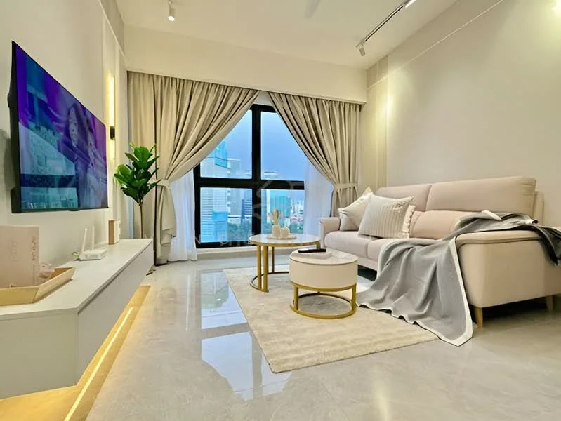 Living features: light grey fabric sofa, 2 round coffee tables with gold legs, white TV console, wall-mounted TV, marble tile flooring, floor-to-ceiling windows, sheer curtains, decorative houseplant in pot, area rug with neutral color, recessed downlights, throw blanket on sofa, decorative cushions on sofa; style: modern; view: city.