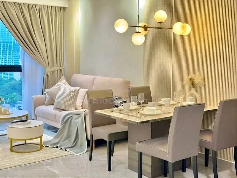 Dining features: marble dining table, 4 upholstered dining chairs, decorative vase with dried flowers, table setting with plates and glasses, light fixture with multiple globes, cream curtains, floor-to-ceiling windows, grey fabric sofa, area rug, wall with vertical paneling, light-colored walls, recessed lighting; style: modern; view: city.