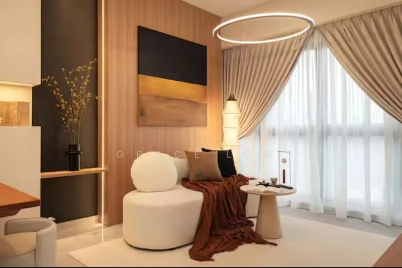 Living features: light wood panelled accent wall, beige upholstered circular chair, round coffee table, brown throw blanket, abstract wall art with gold and black, floor-to-ceiling windows with sheer curtains, recessed lighting, modern pendant light fixture, decorative vase with dried flowers, wooden side table; style: modern.