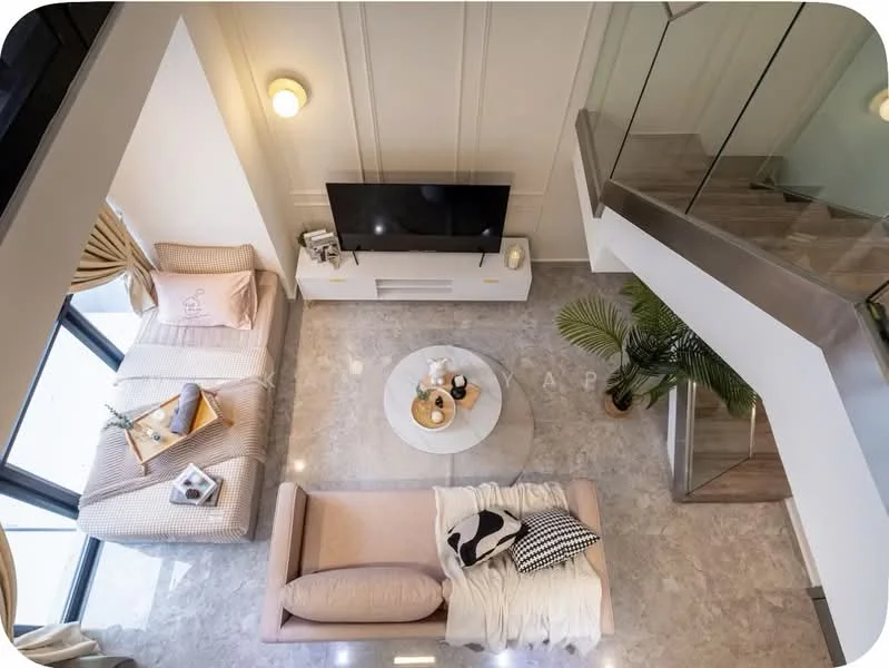 Living features: grey marble flooring, white walls with paneling, floor-to-ceiling windows, sofa in light beige, coffee table in round shape, wall-mounted TV, decorative plant, throw pillows in black and white, bed in light beige with decorative pillows, bedside tray with book and drink; style: modern; view: city.