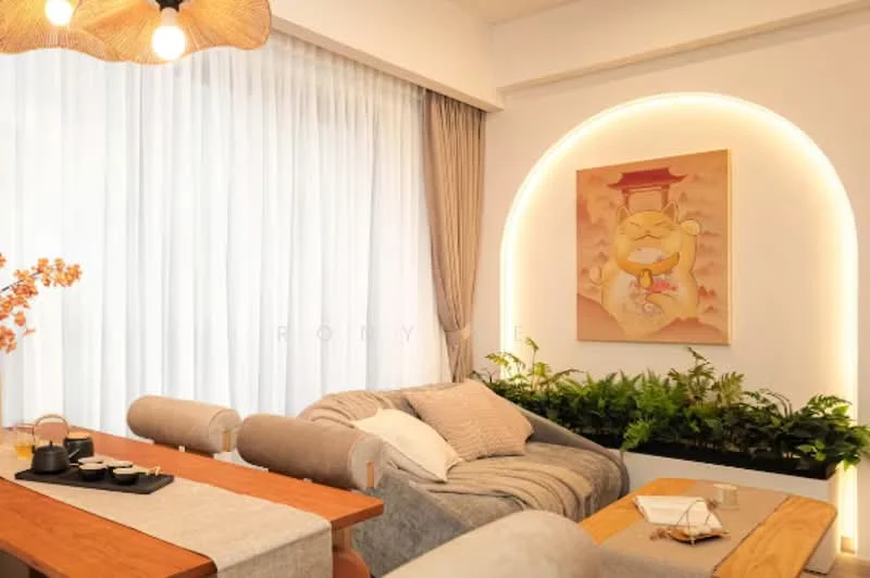 Living features: sofa with light grey upholstery, wooden coffee table, decorative wall art with a cat illustration, floor-to-ceiling sheer curtains, indirect lighting around the arch, greenery with potted plants, wooden dining table, decorative tableware; style: modern.