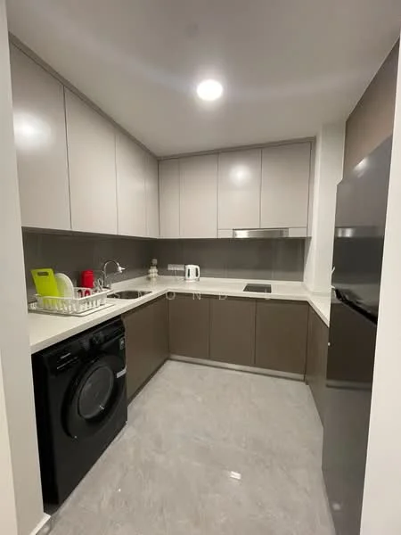 Kitchen features: grey upper cabinets, brown lower cabinets, white countertop, single-bowl stainless-steel sink, chrome pull-down faucet, built-in induction hob, built-in oven, black front-load washing machine, refrigerator with stainless-steel finish, tile backsplash, recessed downlights, marble tile flooring; style: modern.