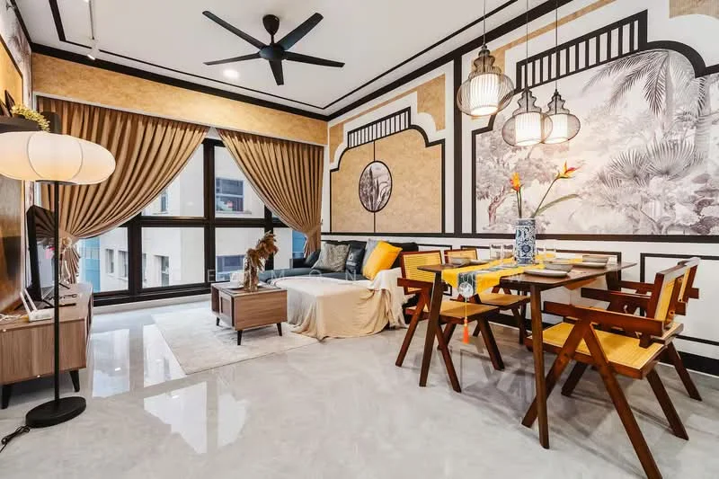 Living features: 5-blade ceiling fan in black, floor-to-ceiling windows with sheer curtains, decorative wall with tropical mural, cream painted walls, marble tile flooring, wooden dining table with yellow chairs, sofa with throw pillows, decorative vase with flowers, TV console with wall-mounted TV, area rug, pendant lighting fixtures; style: modern; view: city.