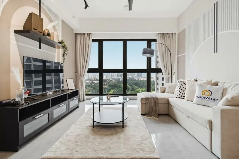 Living features: beige fabric sofa, glass coffee table, TV console with storage, wall-mounted TV, area rug, floor-to-ceiling windows, curtains, decorative plants, light fixture, decorative wall paneling, city view; style: modern; view: city.