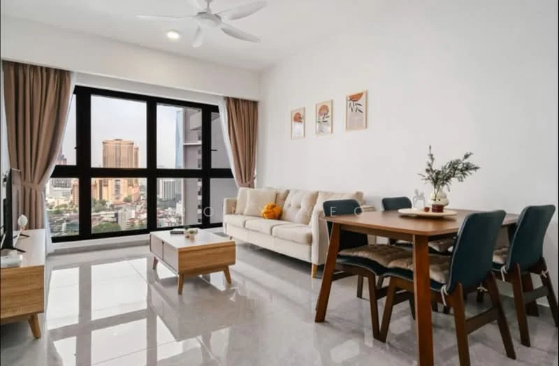 Living features: 3-seater fabric sofa in beige, wood coffee table, dining table for 4 with upholstered chairs, floor-to-ceiling windows, city skyline view, white painted walls, marble tile flooring, ceiling fan with light, decorative wall art; style: modern; view: city.