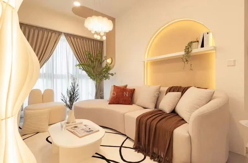 Living features: curved beige sofa, decorative throw pillows in orange and brown, round coffee table, area rug with geometric pattern, floor-to-ceiling windows with sheer curtains, wall-mounted shelf with decorative items, indirect lighting on shelf, pendant light fixture, indoor plants; style: modern.