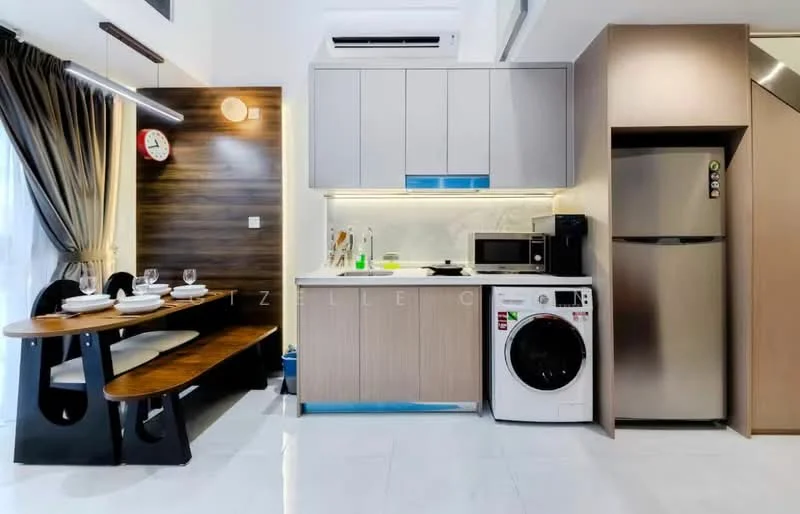 Kitchen features: white cabinetry with blue accents, stainless-steel refrigerator, built-in microwave, black countertop, single-bowl stainless-steel sink, chrome pull-down faucet, front-load washing machine, ceramic tile flooring, recessed downlights, wall-mounted split AC, dining table with wooden top and black legs, grey curtains, wall clock, decorative wall paneling; style: modern.