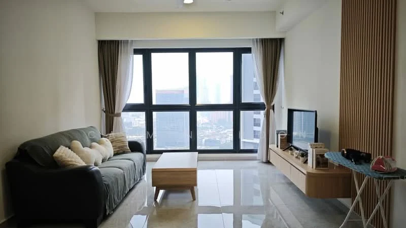 Living features: 3-seater fabric sofa in grey, wooden coffee table, TV console, wall-mounted TV, floor-to-ceiling windows, curtains, marble tile flooring, decorative wall paneling, area rug, decorative items on console; style: modern; view: city.