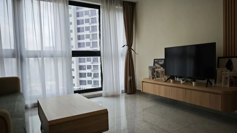 Living features: floor-to-ceiling windows, sheer curtains, brown curtain drapes, light grey fabric sofa, wooden coffee table, TV console, wall-mounted TV, polished tile flooring, decorative wall art, framed photographs; style: modern; view: city.