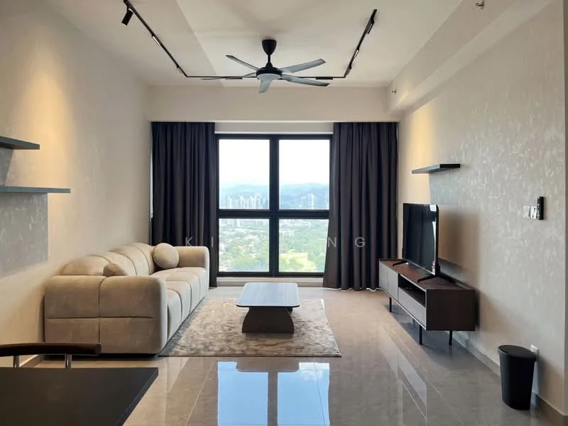 Living features: 3-seater fabric sofa in beige, coffee table, TV console, wall-mounted TV, area rug, floor-to-ceiling windows, curtains in dark grey, recessed downlights, ceiling fan with light, polished tile flooring, decorative wall shelves; style: modern; view: city.