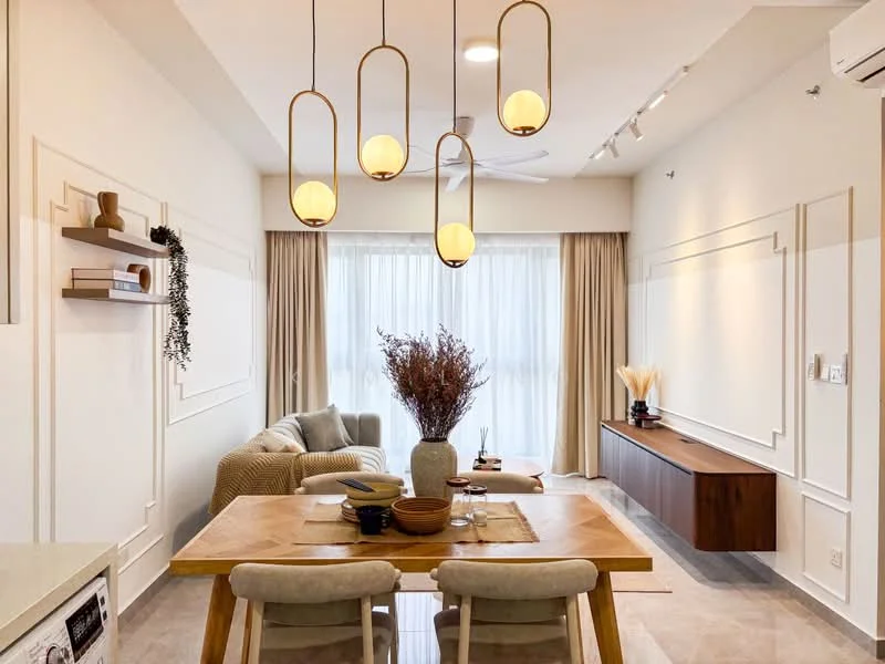 Living features: 4-bulb pendant lighting, ceiling fan, floor-to-ceiling windows, sheer curtains, light wood sideboard, decorative vase with dried flowers, beige fabric sofa, wooden dining table, upholstered dining chairs, wall paneling, neutral wall color, marble tile flooring; style: modern.