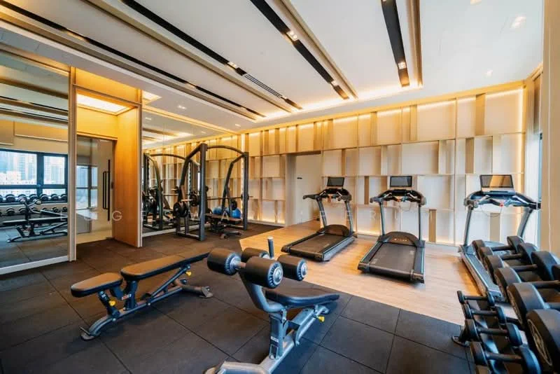 Gym features: treadmill, treadmill, weight bench, dumbbell rack, mirrored wall, wood paneling, black rubber flooring, recessed lighting, ceiling with linear light fixtures; style: modern; view: city.