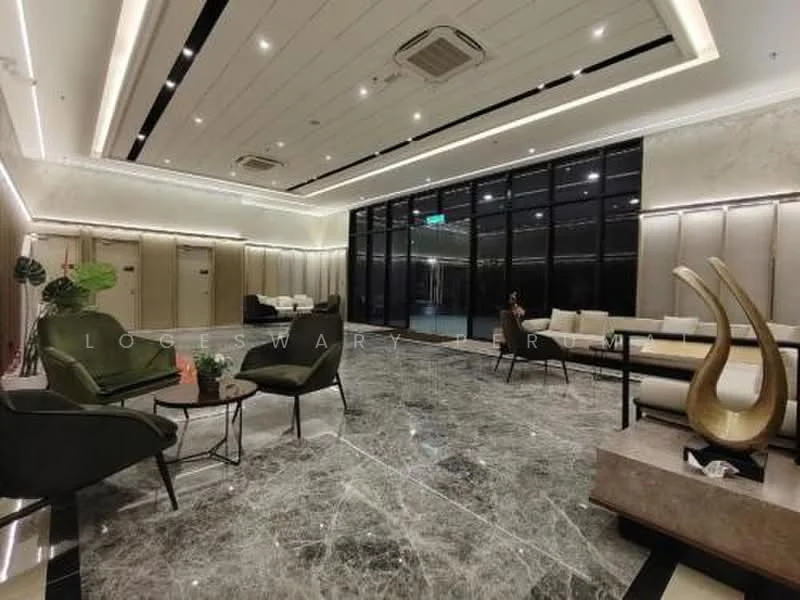 Living features: marble flooring, recessed downlights, exposed ceiling with LED strip lighting, floor-to-ceiling windows, green armchairs, modern coffee table, decorative sculpture, sofa seating area, potted plants, wall paneling, air conditioning unit; style: modern.