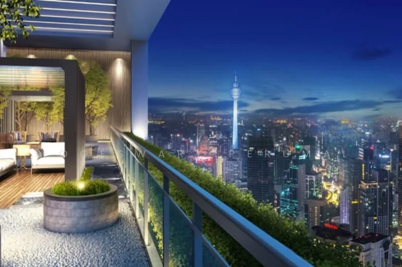 Room features: balcony with glass railing, outdoor seating area, landscaped planters, city skyline view, night lighting, wooden flooring, decorative wall with greenery, recessed ceiling lights; style: modern; view: city.