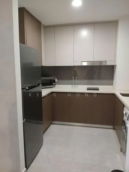 Kitchen features: stainless-steel fridge, built-in microwave, ceramic cooktop, grey quartz countertop, brown cabinetry, white upper cabinets, single-bowl stainless-steel sink, chrome pull-down faucet, washing machine, recessed downlights, tile flooring, neutral wall colour; style: modern.