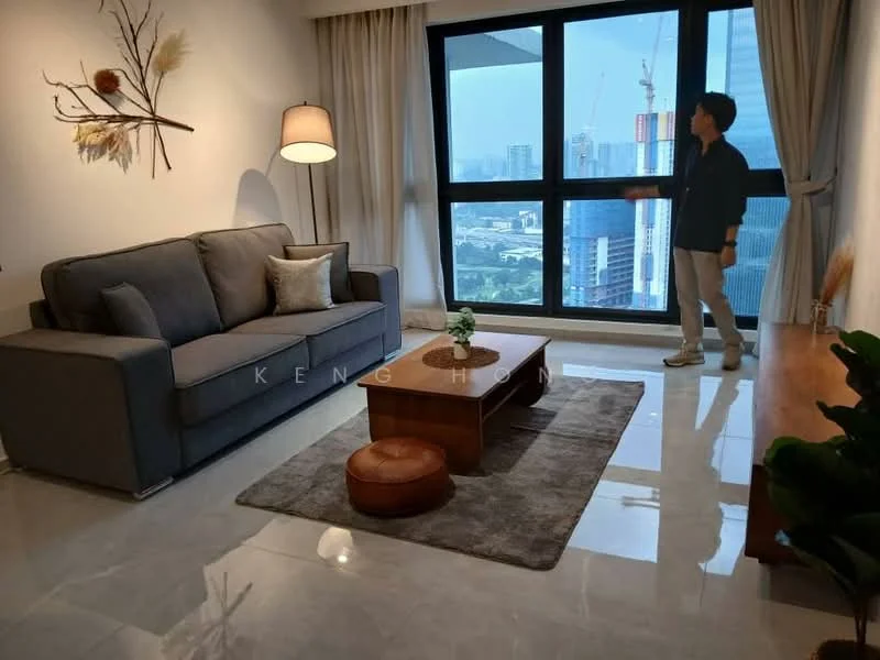 Living features: grey fabric sofa, wood coffee table, area rug with geometric pattern, floor-to-ceiling windows, city view, potted plant, decorative wall art, curtains, marble tile flooring, recessed downlights; style: modern; view: city.