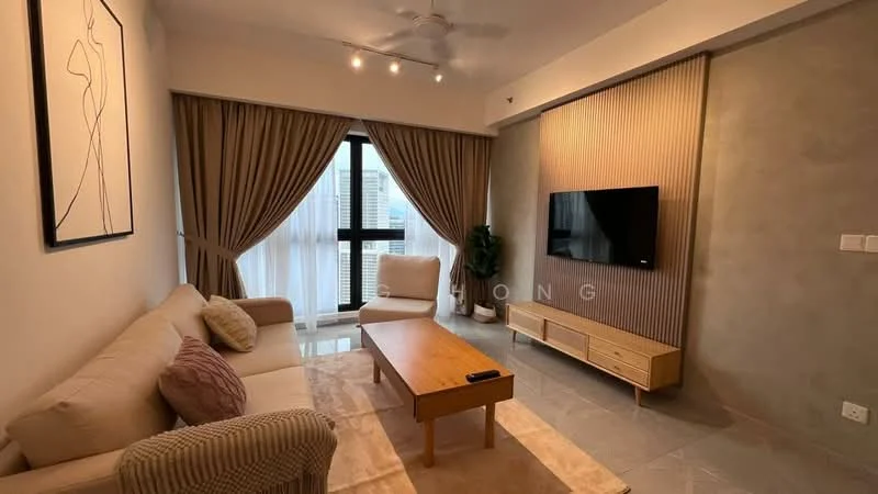 Living features: 3-seater fabric sofa in beige, wood coffee table, TV console with storage, wall-mounted TV, floor-to-ceiling windows, sheer curtains, recessed downlights, ceiling fan, decorative wall paneling, area rug with neutral color, houseplant in ceramic pot, framed artwork on wall; style: modern; view: city.