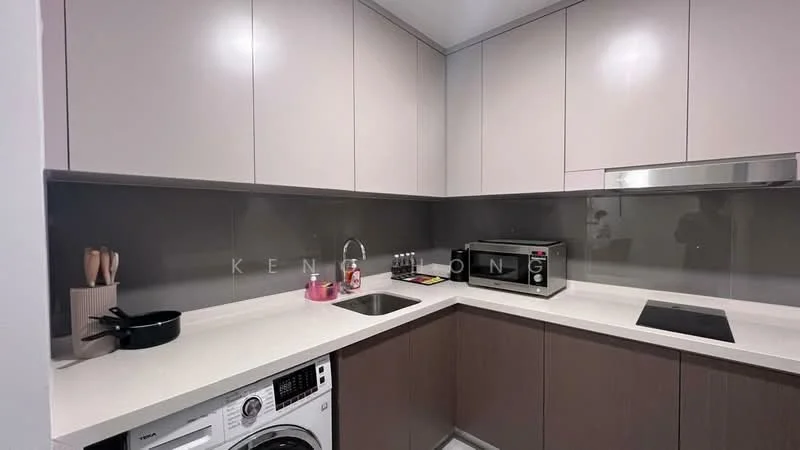 Kitchen features: light grey upper cabinets, dark grey lower cabinets, white quartz countertop, single-bowl stainless-steel sink, chrome pull-down faucet, built-in microwave, freestanding washing machine, induction cooktop, backsplash with grey tiles, kitchen utensils on countertop, kitchen appliances visible; style: modern.