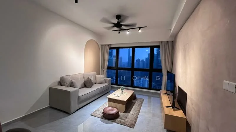 Living features: 3-seater fabric sofa in light grey, coffee table, TV console, wall-mounted TV, area rug, 5-blade ceiling fan with light, floor-to-ceiling windows, curtains, polished concrete flooring, decorative wall with arch feature, light fixtures with multiple spotlights; style: modern; view: city.