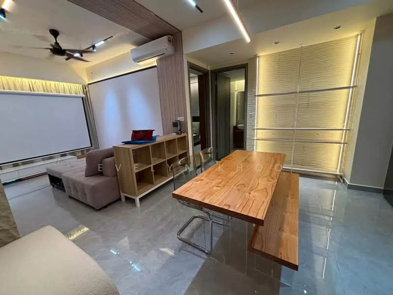 Living features: sofa in beige fabric, wooden dining table, metal dining chairs, wall-mounted projector screen, ceiling fan, wall-mounted air conditioning unit, recessed LED downlights, grey polished tile flooring, sliding glass door, wooden paneling on walls, sheer window treatments, built-in shelving unit; style: modern.