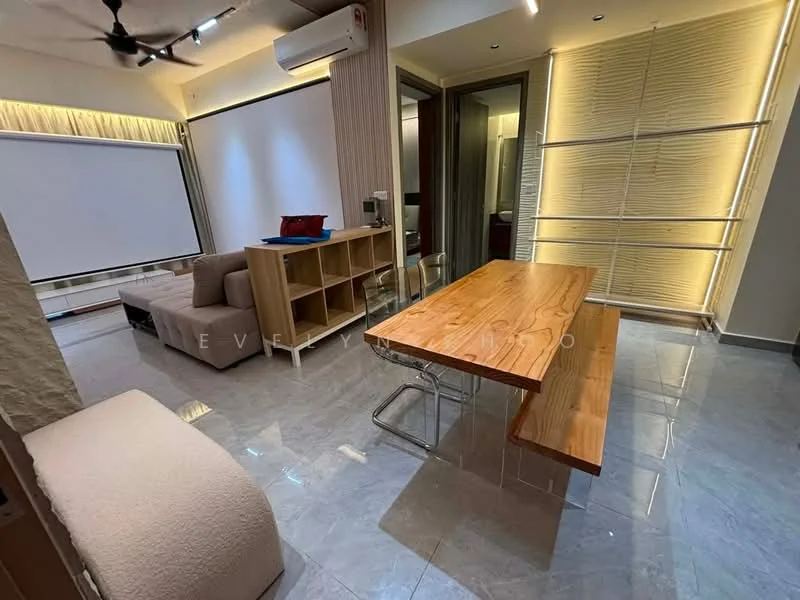 Living features: 3-seater fabric sofa in beige, wooden dining table with bench seating, grey polished tile flooring, wall-mounted projector screen, ceiling fan, wall-mounted air conditioning unit, recessed lighting, wooden shelving unit, decorative wall paneling, large glass door leading to another room; style: modern.
