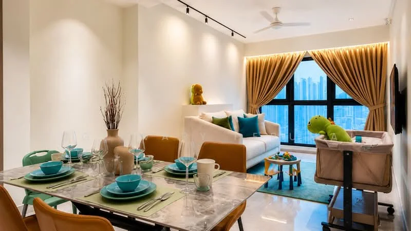 Living features: cream painted walls, white ceiling, 5-blade ceiling fan, floor-to-ceiling windows, brown curtains, light grey sofa, decorative cushions, coffee table, area rug with geometric pattern, wall-mounted TV, decorative plants, dining table with marble top, brown upholstered dining chairs, blue dinnerware, glassware; style: modern; view: city.