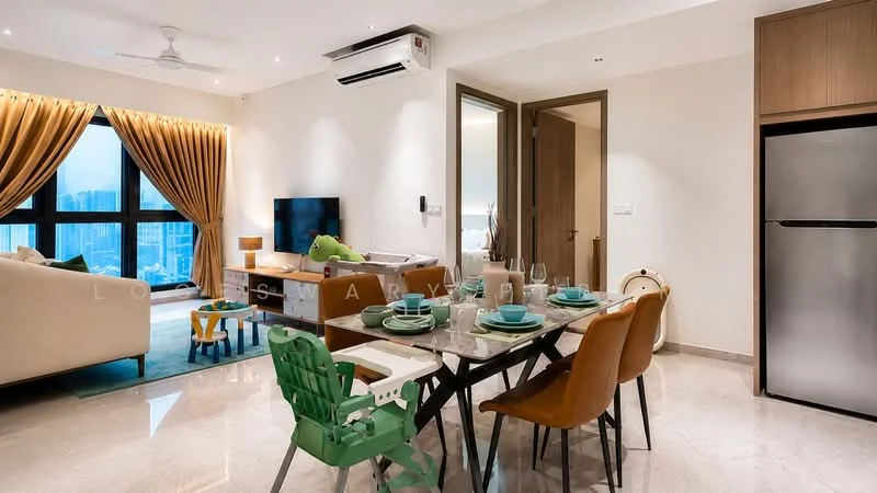 Dining features: 6-seater dining table, black dining table with glass top, brown upholstered dining chairs, green high chair, decorative table setting with plates and cutlery, pendant light above table, marble flooring, white painted walls, wall-mounted TV, floor-to-ceiling windows with city view, curtains in warm tones, air conditioning unit on ceiling; style: modern; view: city. Living features: beige fabric sofa, area rug with geometric pattern, coffee table, wall-mounted TV, floor-to-ceiling windows, curtains in warm tones, air conditioning unit on ceiling; style: modern; view: city.
