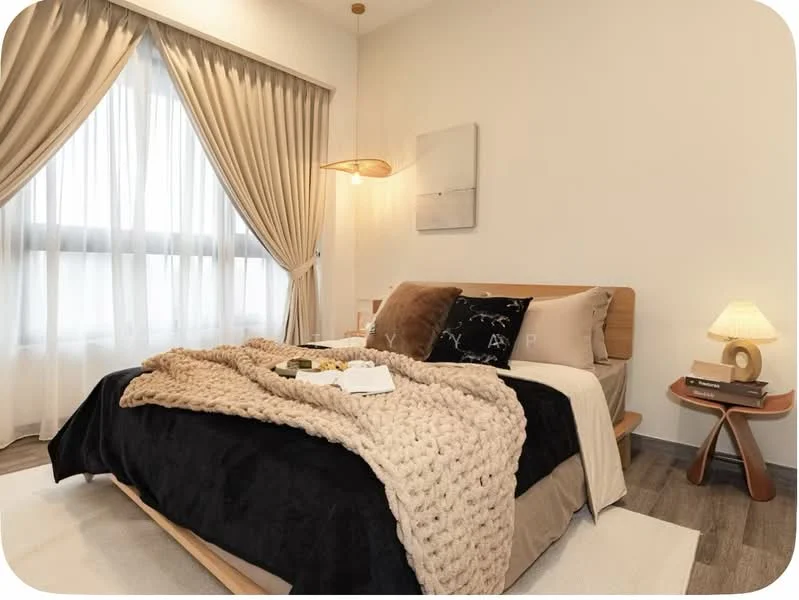 Bedroom features: king-size bed with black and beige bedding, knitted throw blanket in cream, wooden bed frame, nightstand with lamp, table lamp with warm light, floor-to-ceiling windows with sheer curtains, curtains in light beige, decorative wall art, wooden flooring, area rug in light color; style: modern.