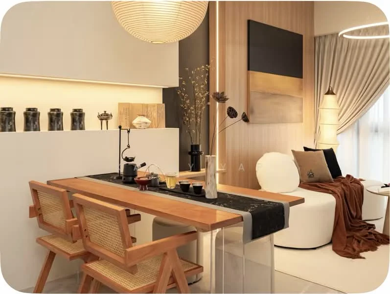 Dining features: wooden dining table with black stone top, 2 wooden chairs with rattan seats, decorative vases on the table, tableware including teapot and cups, wall-mounted artwork with abstract design, light wood paneling on the wall, soft beige curtains, floor lamp with a round shade, decorative throw blanket on the sofa, accent pillows on the sofa, neutral-colored sofa, ambient lighting; style: modern.