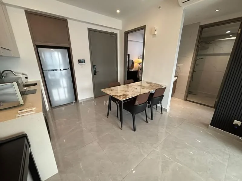 Dining features: 4-seater dining table, black dining chairs, grey marble flooring, white painted walls, kitchenette with countertop, stainless-steel fridge, microwave, wall-mounted air conditioning unit, door leading to bathroom, door leading to hallway; style: modern.