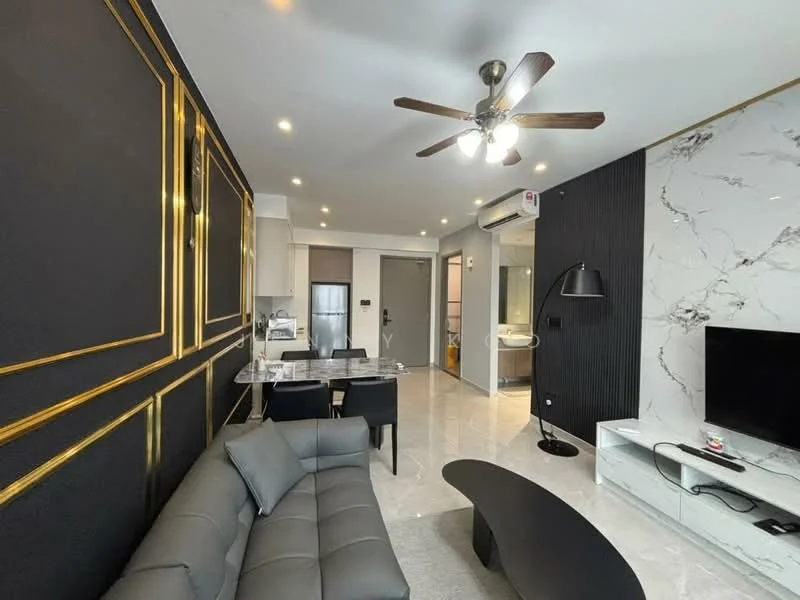 Living features: 3-seater grey leather sofa, black coffee table, wall-mounted TV, marble accent wall, gold-framed wall panels, recessed LED downlights, ceiling fan with light, grey tiled flooring, open layout to dining area, black floor lamp; style: modern. Dining features: 4-seater dining table, black dining chairs, glass tabletop, open layout to living area; style: modern.