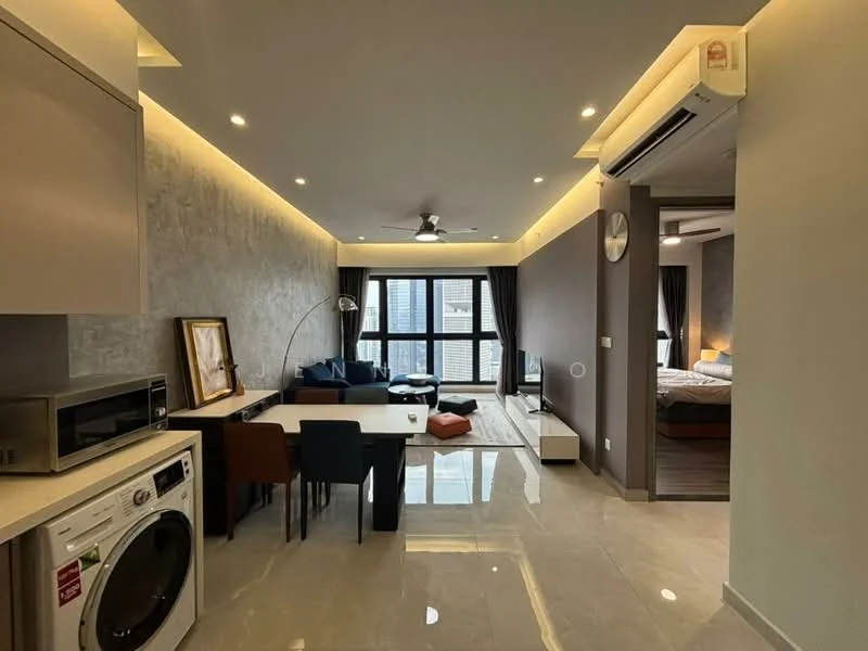 Living features: grey accent wall, recessed downlights, 5-blade ceiling fan with light, floor-to-ceiling windows, blackout curtains, sofa in navy blue, coffee table, area rug, wall-mounted TV, decorative wall clock, open shelving, dining table with chairs, washing machine, microwave; style: modern; view: city.