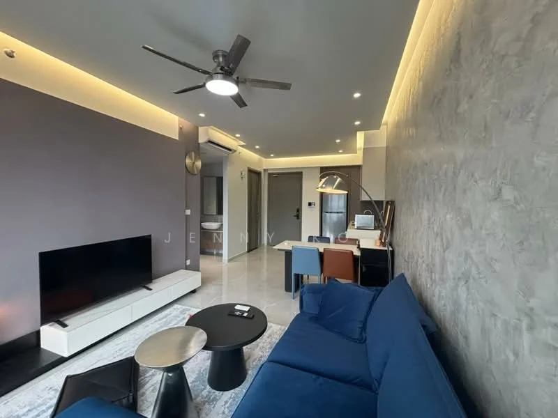 Living features: grey accent wall, white painted walls, polished marble flooring, 5-blade ceiling fan with light, recessed LED downlights, wall-mounted TV, TV console, 3-seater fabric sofa in blue, coffee table, decorative area rug, study desk with chair, open shelving, window with view; style: modern.