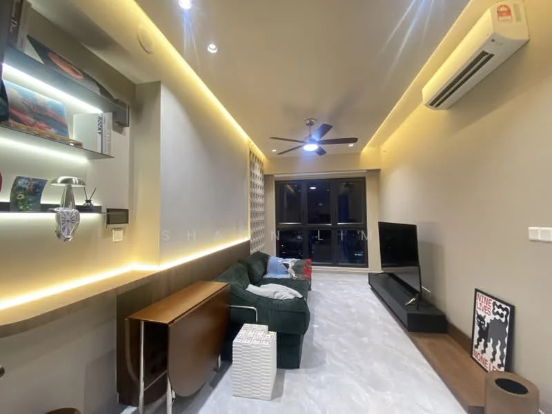 Living features: green fabric sofa, coffee table, wall-mounted TV, TV console, 5-blade ceiling fan with light, recessed LED downlights, decorative wall shelf, grey painted walls, marble flooring, large windows, ambient LED strip lighting; style: modern.